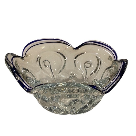 1990s Lillian Vernon Crystal Candy Bowl With Cobalt And Ruffle Edge Vintage - Picture 3 of 15